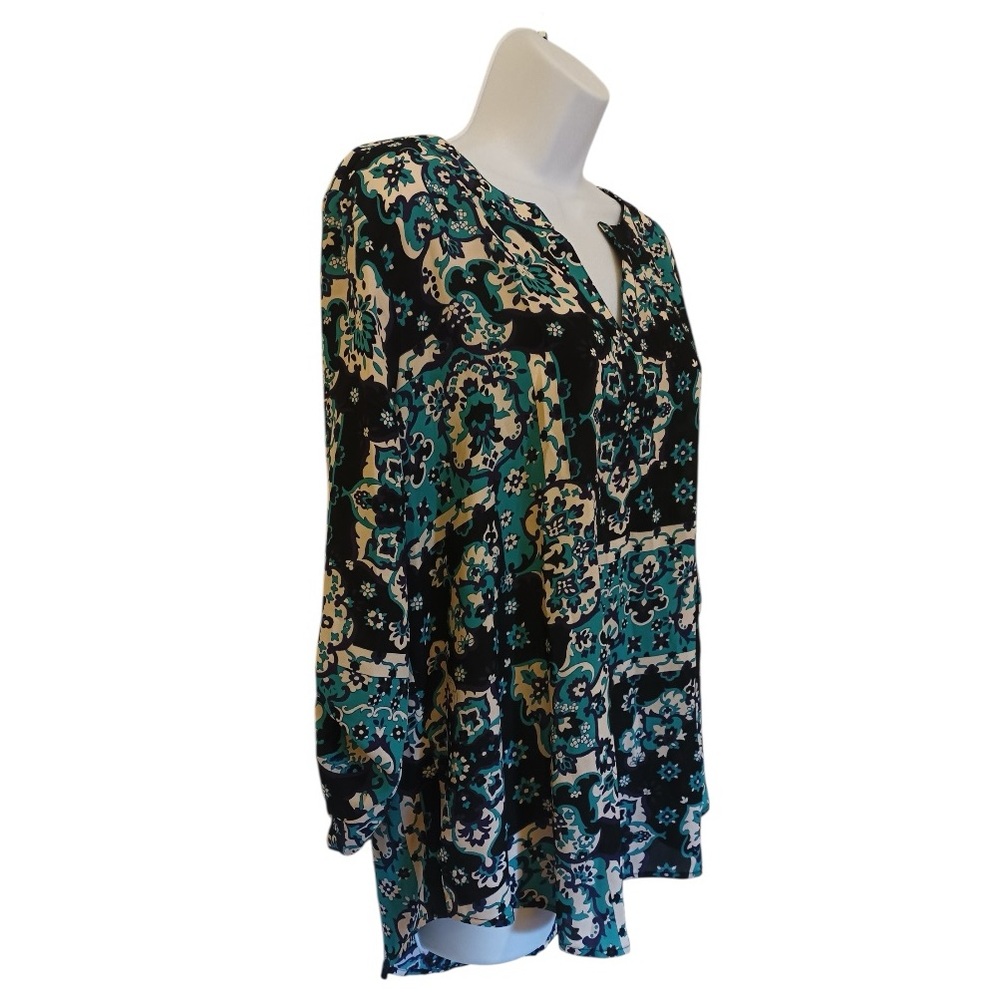 Bohemian Women's Floral Geometric Print HiLo V-Neck Top Black Teal Size L
